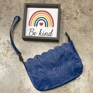 Blue Embossed Wristlet Clutch